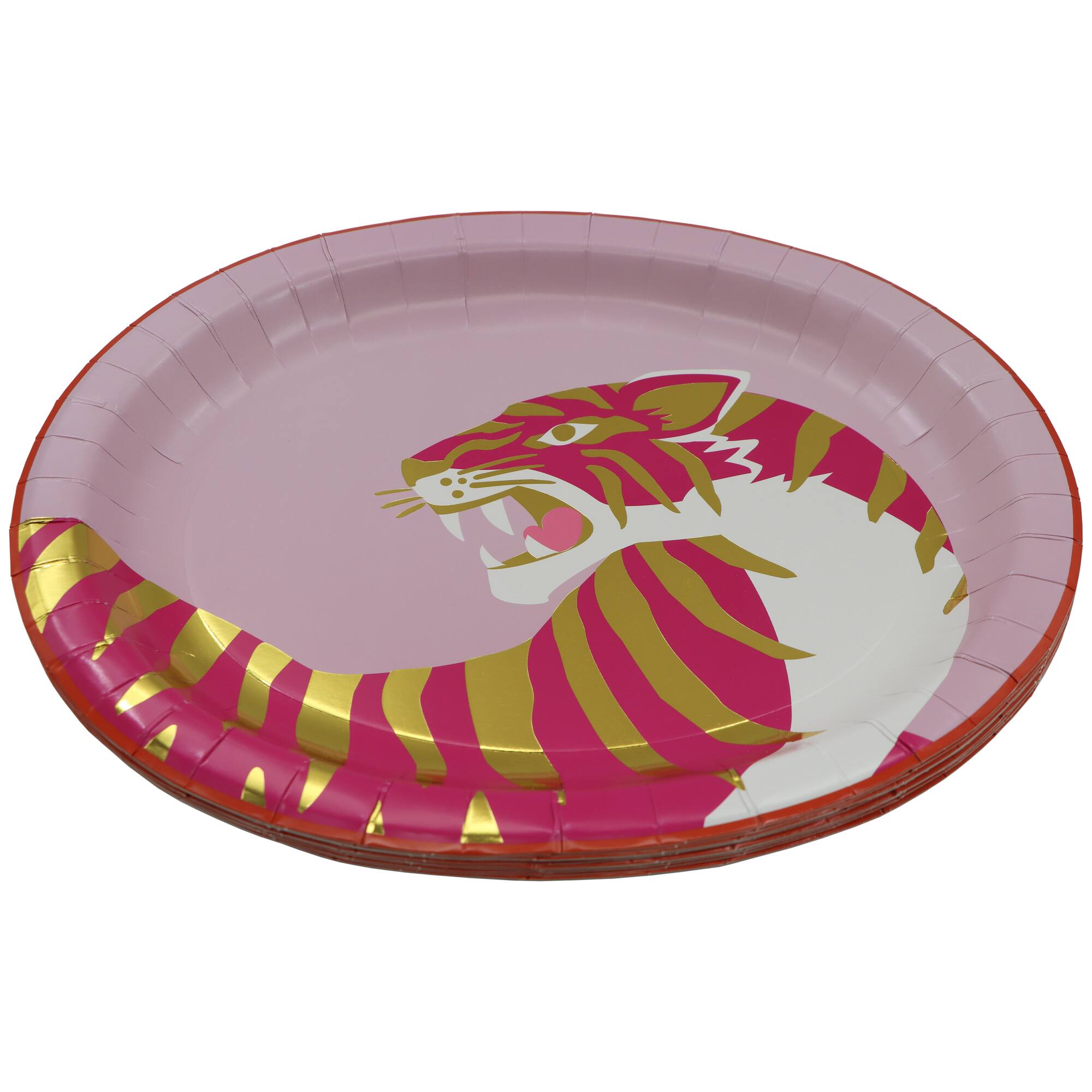 Pink Jungle 12.25" Gold & Pink Tiger Oval Paper Plates, 10ct. by Celebrate It™